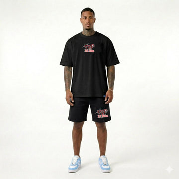 Compleu Bărbați Negru – Tricou Oversized & Pantaloni Scurți Streetwear Casual